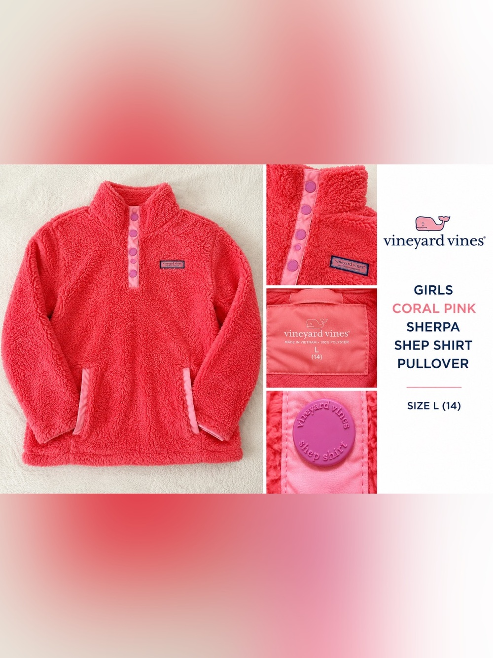 Vineyard Vines Girls Coral Pink Sherpa Shep Shirt Pullover Size L / 14